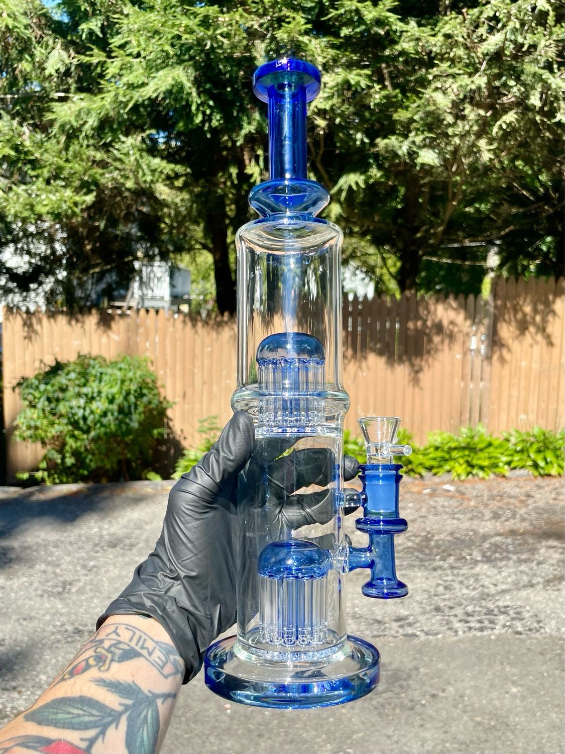 Iridescent glass flower tube double tree perc 18mm