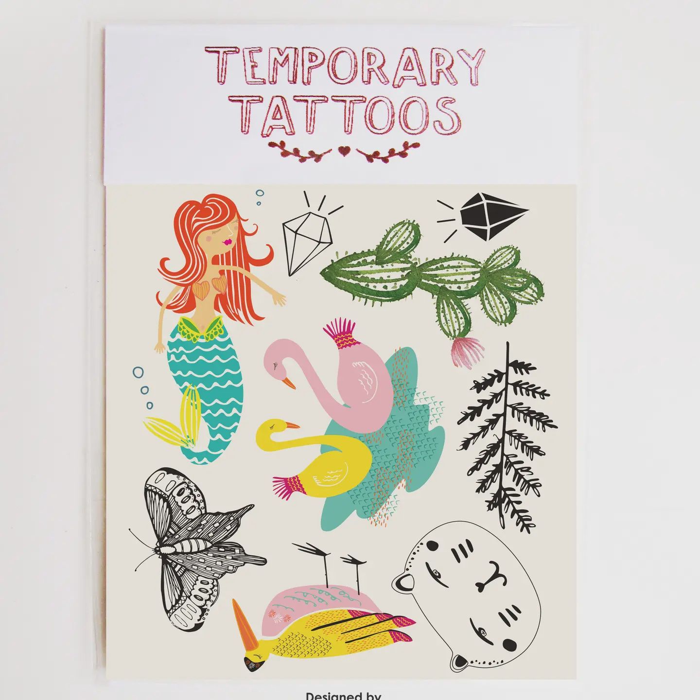 Mermaid swan cat and cactus temporary tattoo