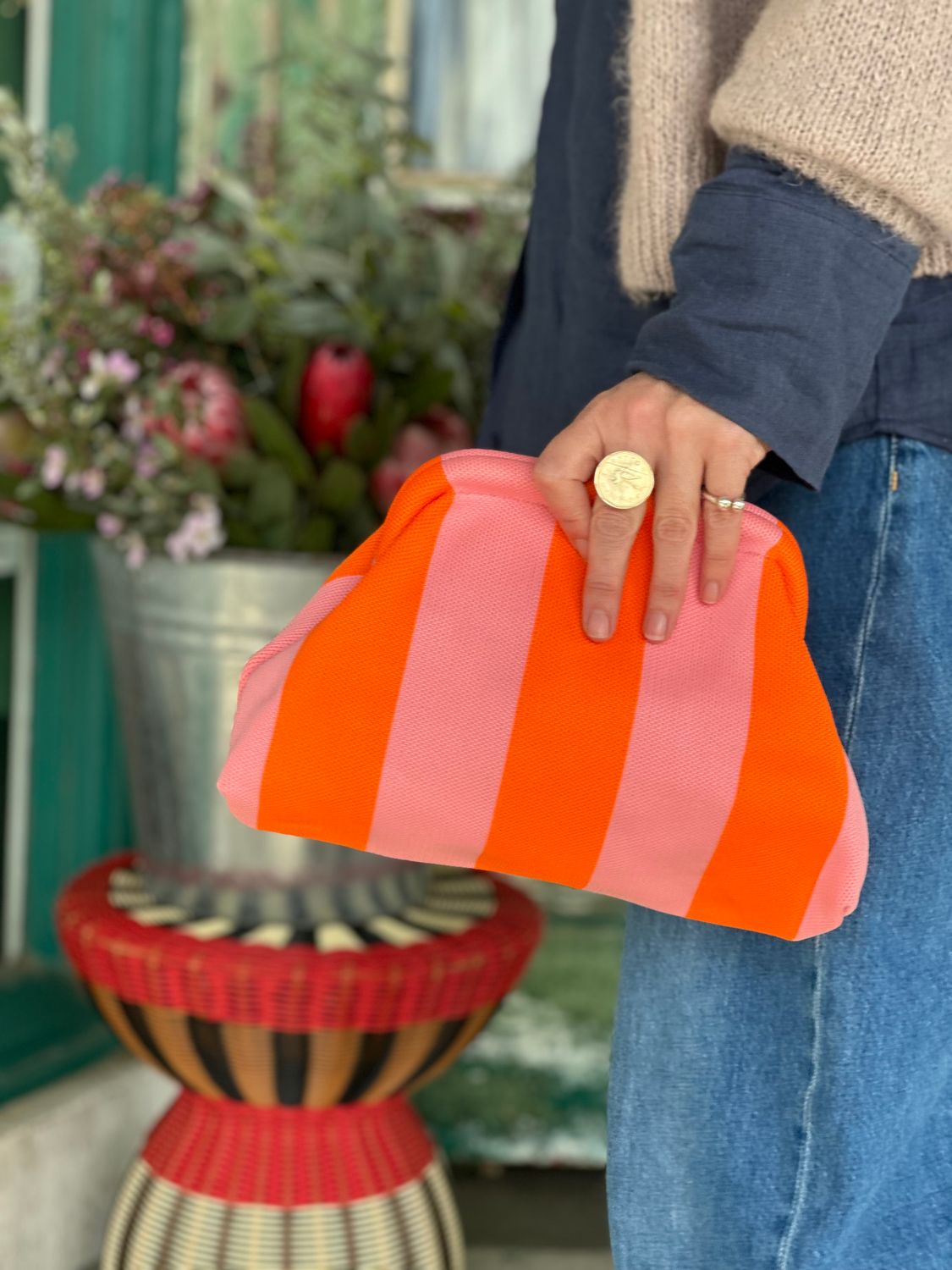 Stripey snappy clutch bag, Colour: Pink/Orange