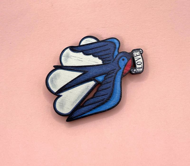 Swallow Love Wooden Brooch