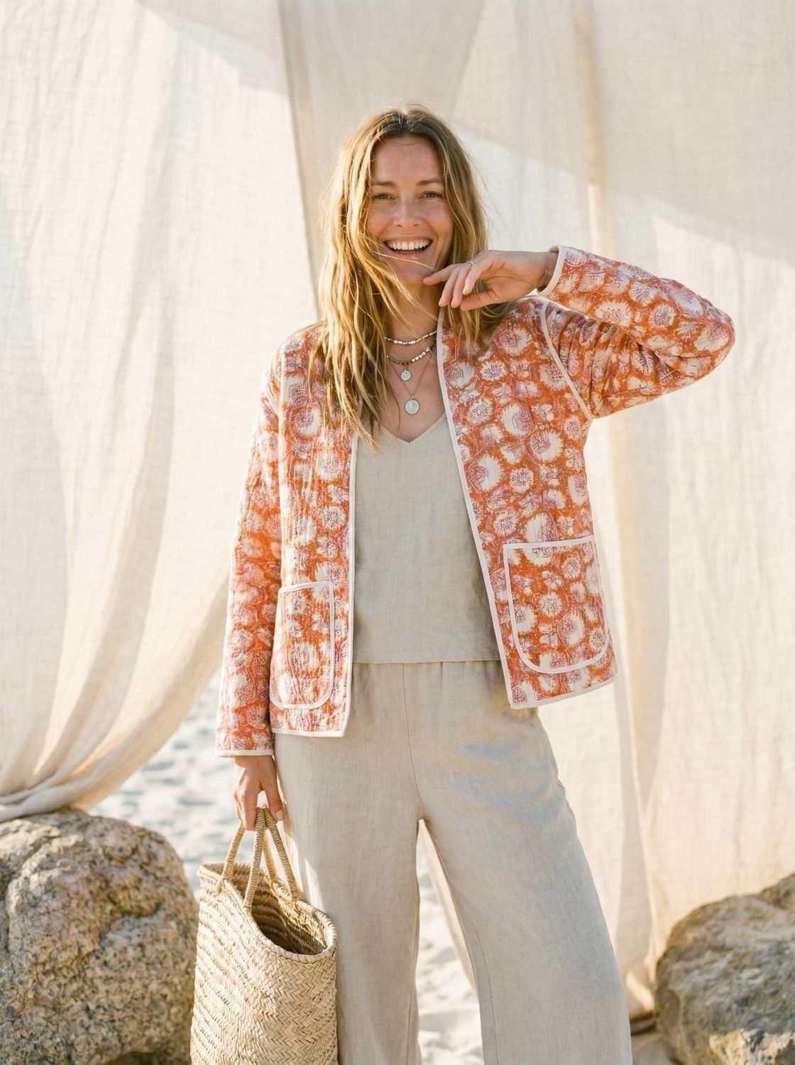 Quilted Kimono Block Printed Jacket, Orange