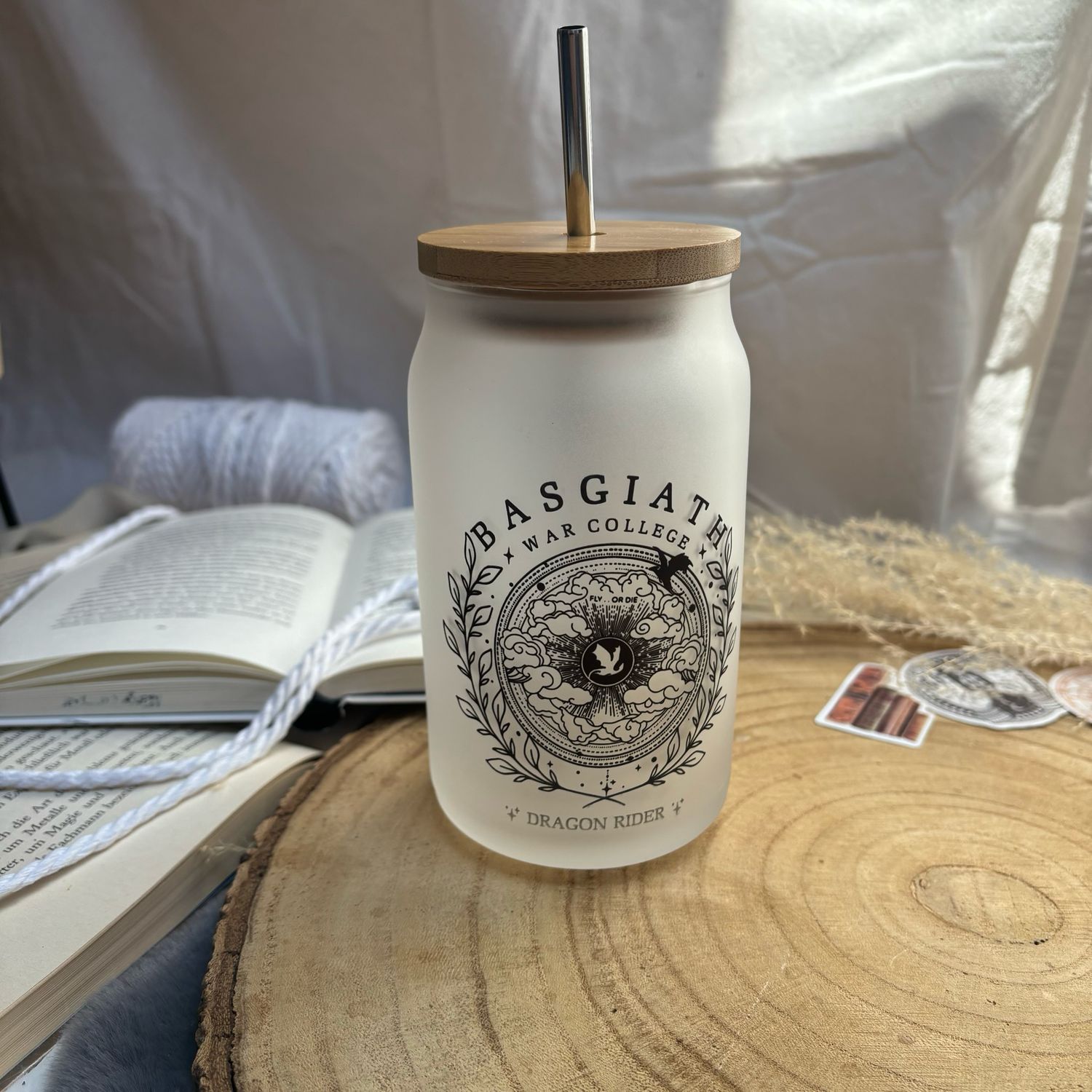 Glastumbler "Fly or die" inkl Bambusdeckel und Kunststoffstrohhalm