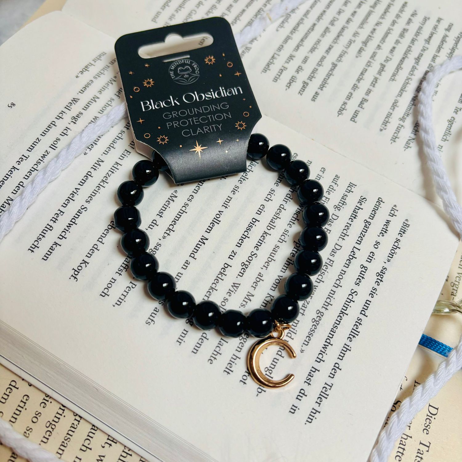 Edelstein-Armband „Black Obsidian“ mit Mondanhänger (gold)