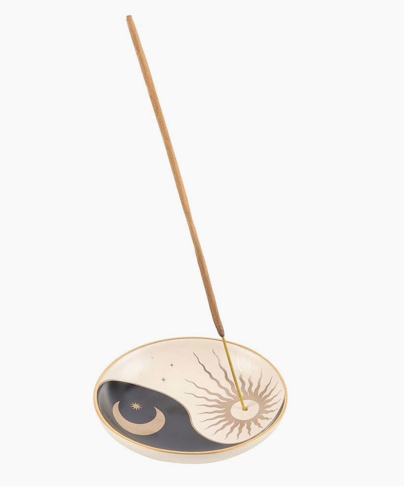 Mond & Sonne Räucherstäbchenhalter – Yin-Yang Keramikschale (schwarz/weiß, Goldakzent)