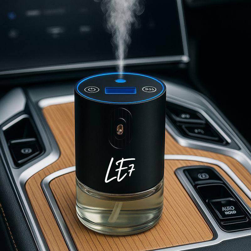 LE7 Smart Diffuser mit 50ml Bio Duft, Lufterfrischer, Autoparfum, Autoduft, Timer & Auto EIN/Aus, Eingebauter Akku, LED Licht, leise & tragbar – für Zuhause, Büro & Auto