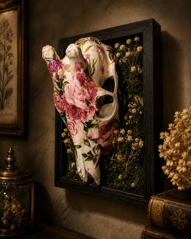 Tableau Ostéologique – Crâne de Chevreuil aux Pivoines Roses