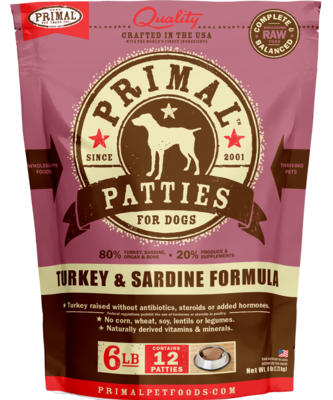 Primal Turkey &amp; Sardine Formula Patties Frozen Raw, Size: 6lb