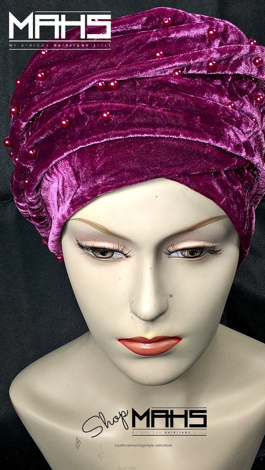 MAHS LUXURY VELVET CAP TURBAN with Pearls (Fuschia Pink)