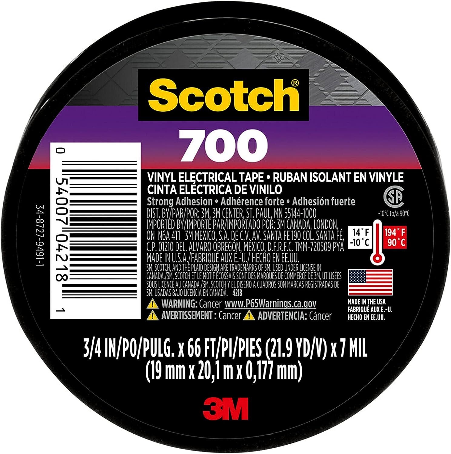 TI - Scotch Vinyl Electrical Tape, Black, 3/4-in by 66-ft, 1-Roll