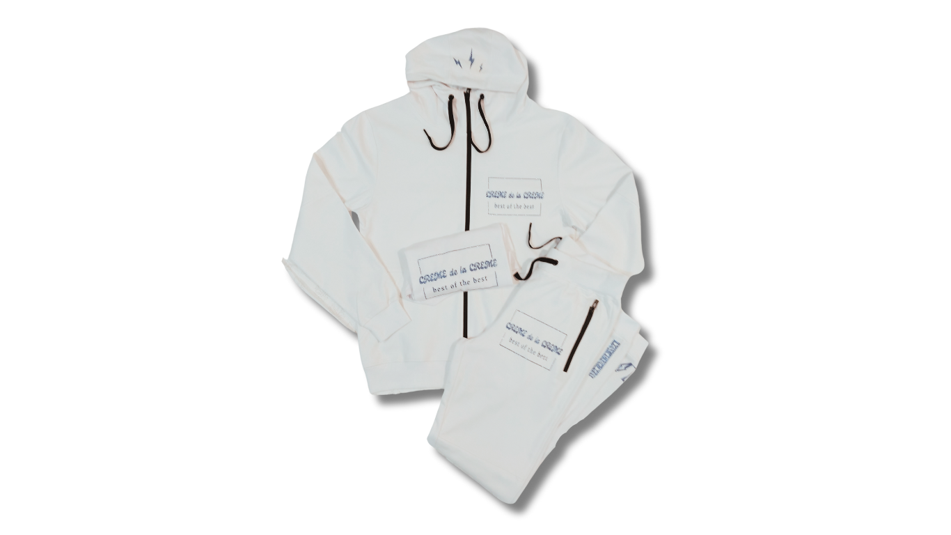 White and royal blue BLACK LIGHTNING comfort jogger suit