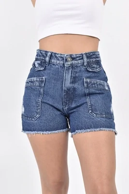 Low-Rise Denim Cotton Shorts with Oblique Front Pockets