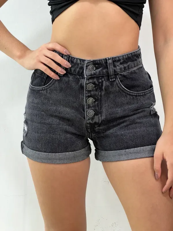 Vintage-Inspired Black Button Fly Shorts