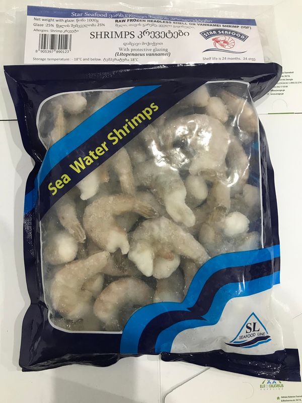RAW FROZEN HEAD LESS SHELL ON VANNAMEI  SHRIMPS 21/25 10* 1 KG (25Vo Glaze)