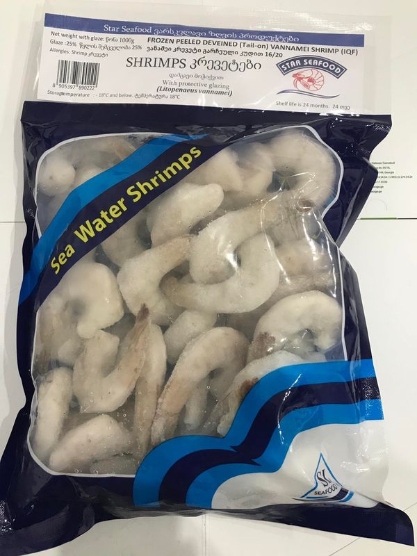 RAW FROZEN PEELED AND DEVEINED TAIL ON VANNAMEI SHRIMP 16/20 10* 1 KG (30Vo Glaze)