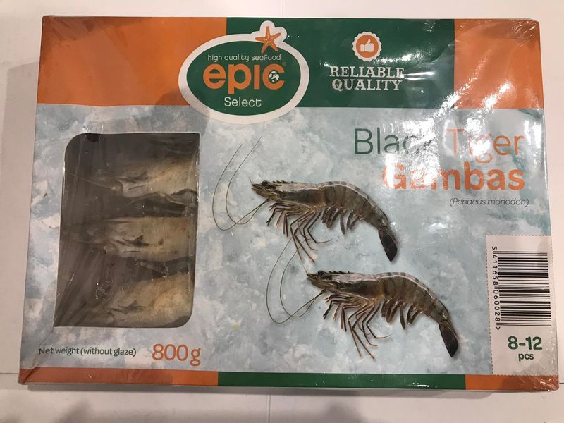 Black tiger shrimps head on semi IQF, 8-12 pc/800g