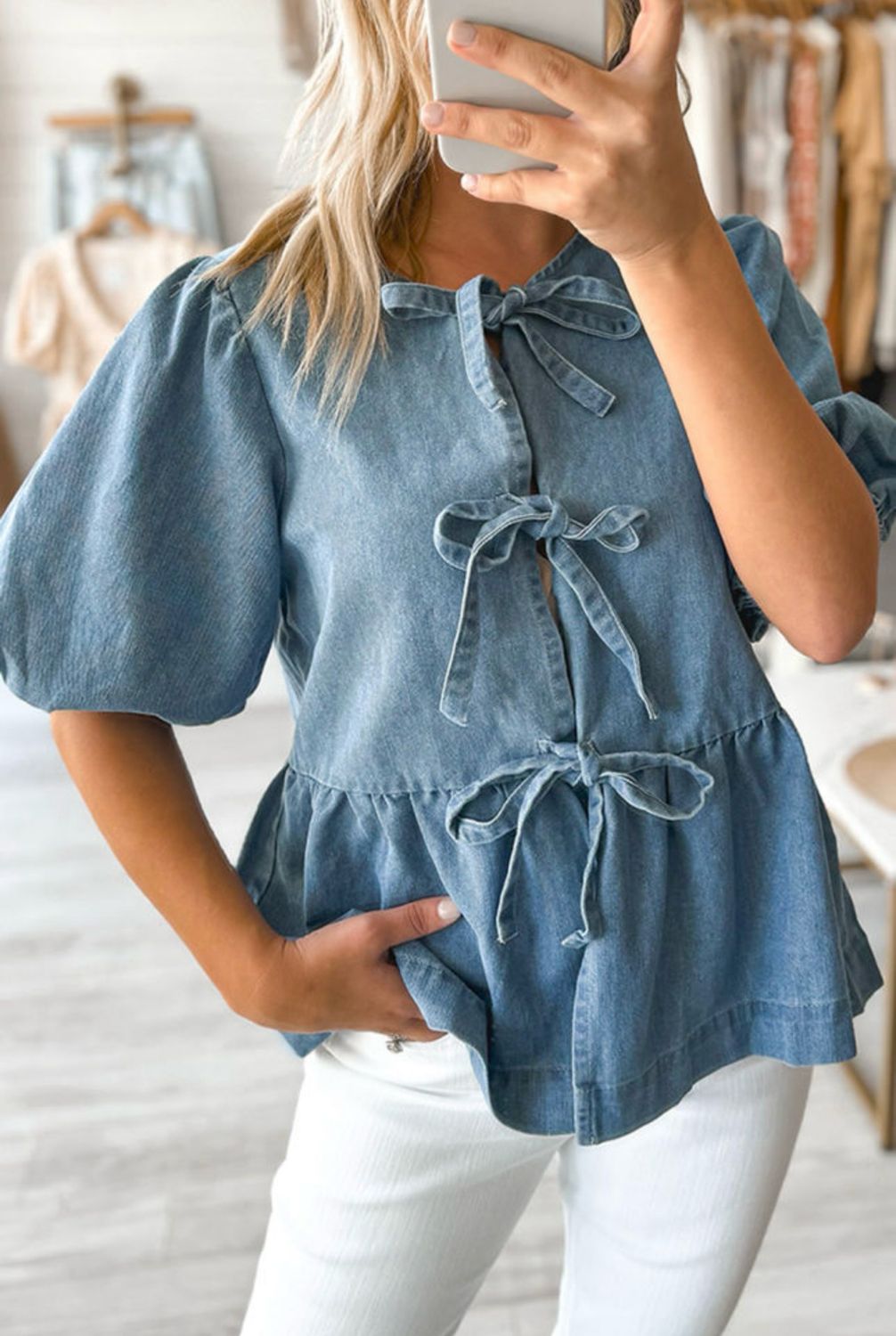 Blue Bubble Sleeve Denim Shirt