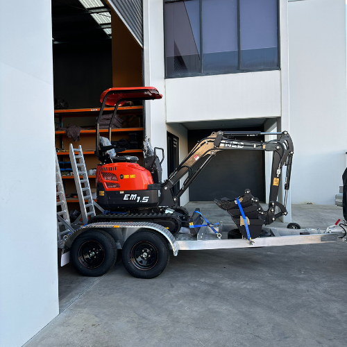 Mini Excavator 1.5 Ton & Trailer Package. Includes Auger Drive & bit, Rock Breaker and 2.5 Ton GVM Aluminium Trailer.