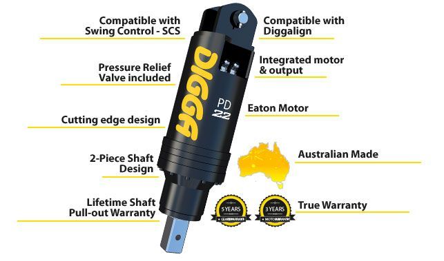 Digga PD22 and PDH22 Auger Drive for Excavators 10 to 20 Ton 75mm Square