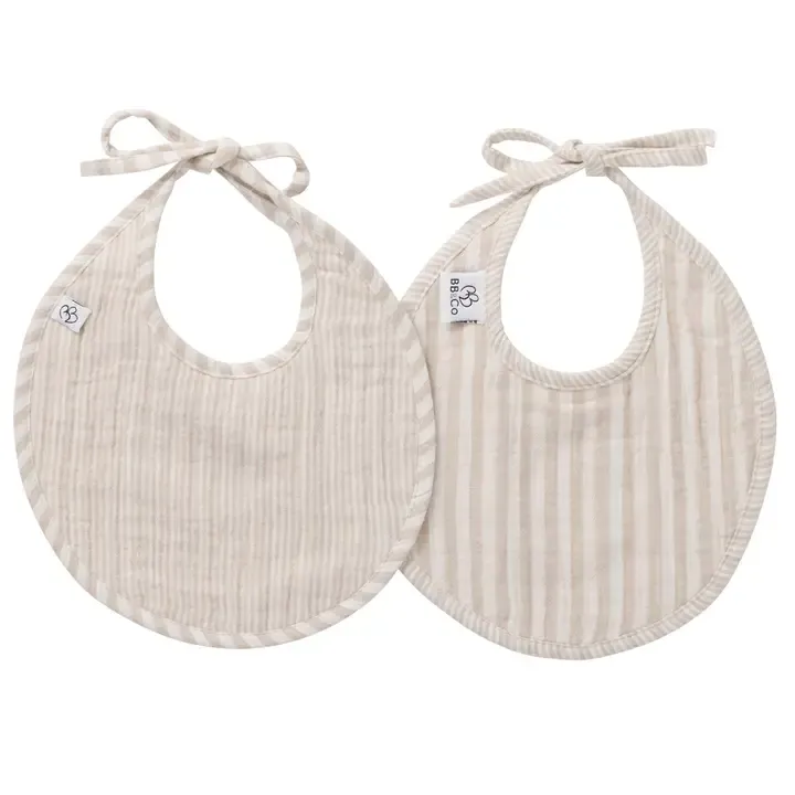 Lot de 2 bavoirs naissance en gaze de coton - rayé galet
