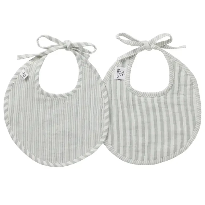 Lot de 2 bavoirs naissance gaze de coton - rayé vert de gris