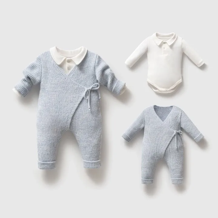 Ensemble 2 pièces : barboteuse cache-cœur en tricot et body (3–12 mois)