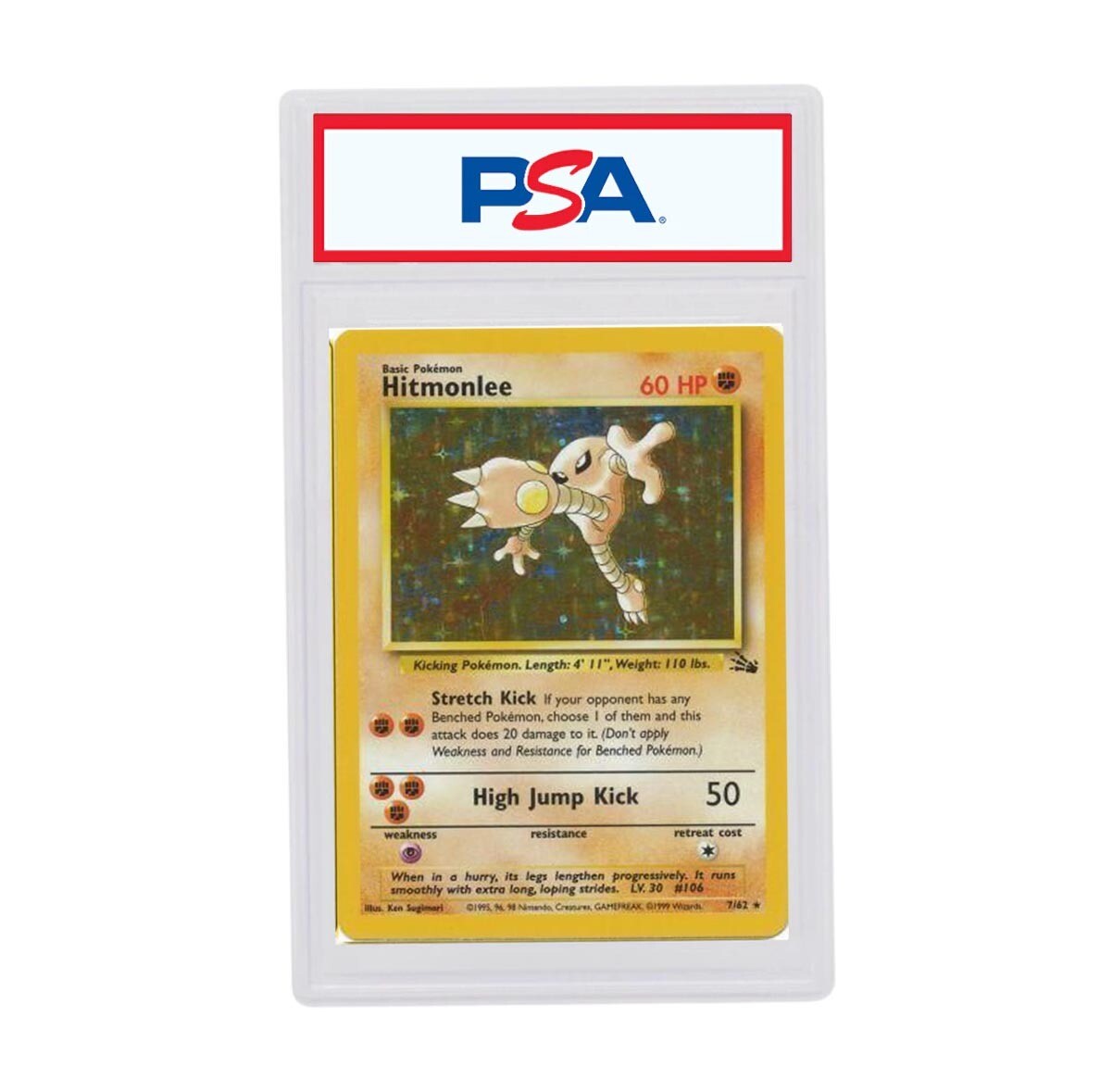 Graded Pokemon Card: PSA 8 - Hitmonlee 7/62 [BASE Fossil] [Rare Holo]