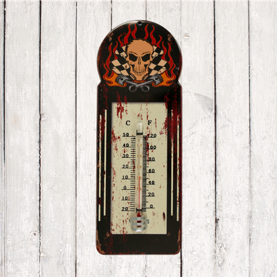 SKULL CHECKERED FLAG - METAL THERMOMETER