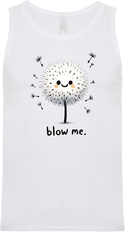 Vollständige Vorderansicht des weißen FUNKY MONKEY® ‘Blow Me’ Tanktops mit Löwenzahndruck