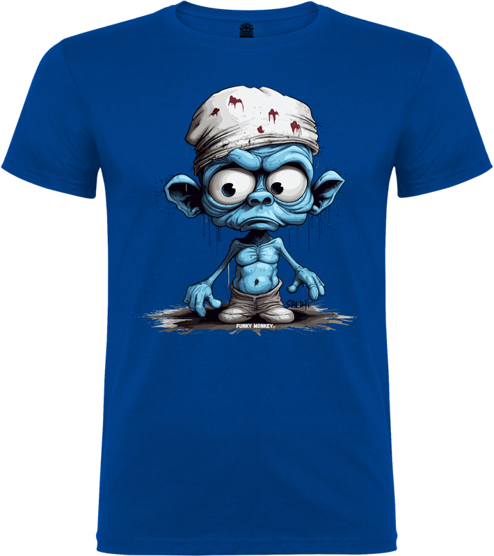 Vorderansicht des königsblauen FUNKY MONKEY® Unisex-T-Shirts „Zombie Gnome“ mit blutigem Gnom-Aufdruck