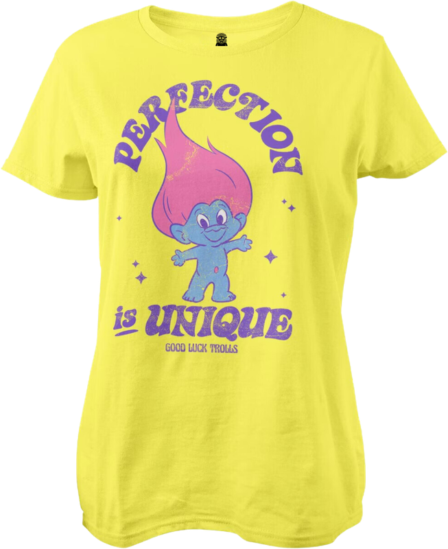 Vista frontal de camiseta amarilla de mujer con estampado de troll y texto Perfection Is Unique – FUNKY MONKEY®
