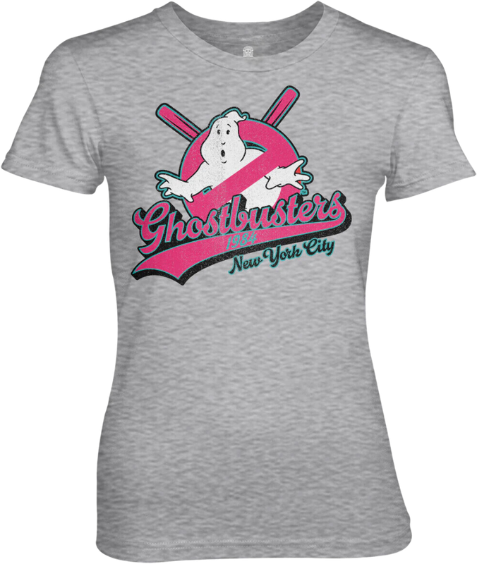 Vista frontal de camiseta gris jaspeada de mujer con estampado rosa y blanco Ghostbusters 1984 – diseño retro FUNKY MONKEY®