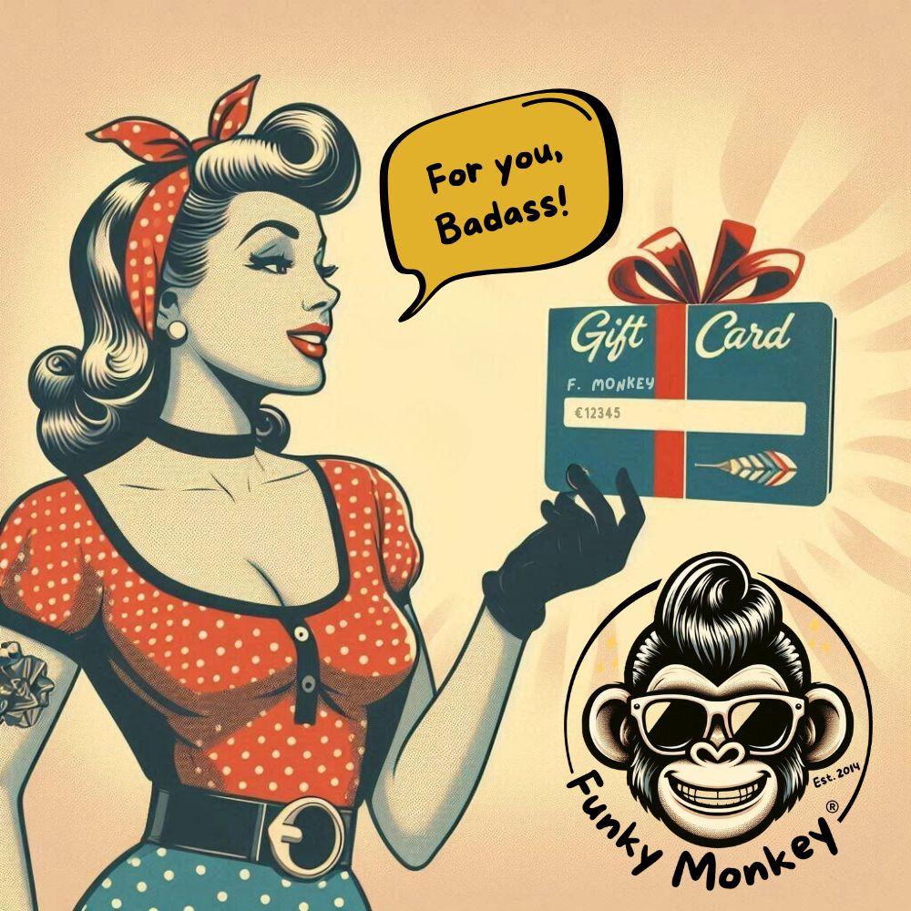 FUNKY MONKEY® gift card held by retro pin-up – sass guaranteed