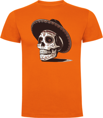 Orange t-shirt front view with brown-white frontprint of Mexican Day of the Dead skull with Mexican cowboy hat