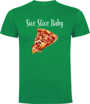 Irish green t-shirt with frontprint of retro watercolor slice pepperoni pizza with text Slice, Slice, Baby