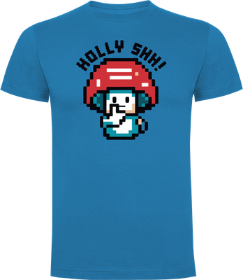 Front view of denim blue t-shirt with frontprint of pixel art mushroom holding finger to mouth saying Holy Shh!