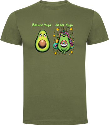 Army green t-shirt with frontprint of 2 avocados and funny text Before Yoga After Yoga, avocado turns into rainbow unicorn