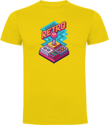 Front view yellow t-shirt with frontprint of pixel artarcade game console in bright colors, text Retro in orange