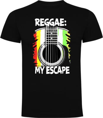 Black t-shirt with frontprint of reggae-colored guitar, text above Reggae and below My Escape