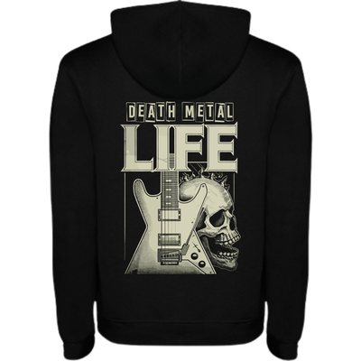 Backprint black hoodie with beige image of guitar and skull with text Death metal life