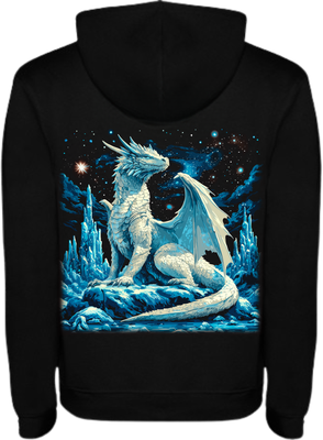 Black hoodie with large Ice Dragon backprint in ice blue, night sky, ice cliffs, and dragon in foreground