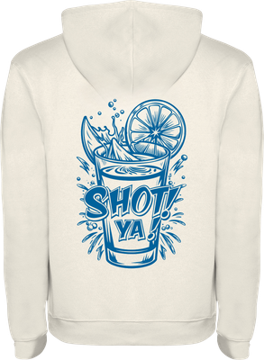 Backprint vintage white hoodie with blue image of shot glass filled with drink and citrus on rim, text Shot! Ya!