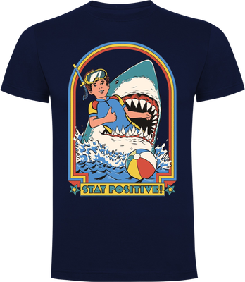 Navy unisex t-shirt with Steven Rhodes Stay Positive print of boy with thumbs up and shark behind