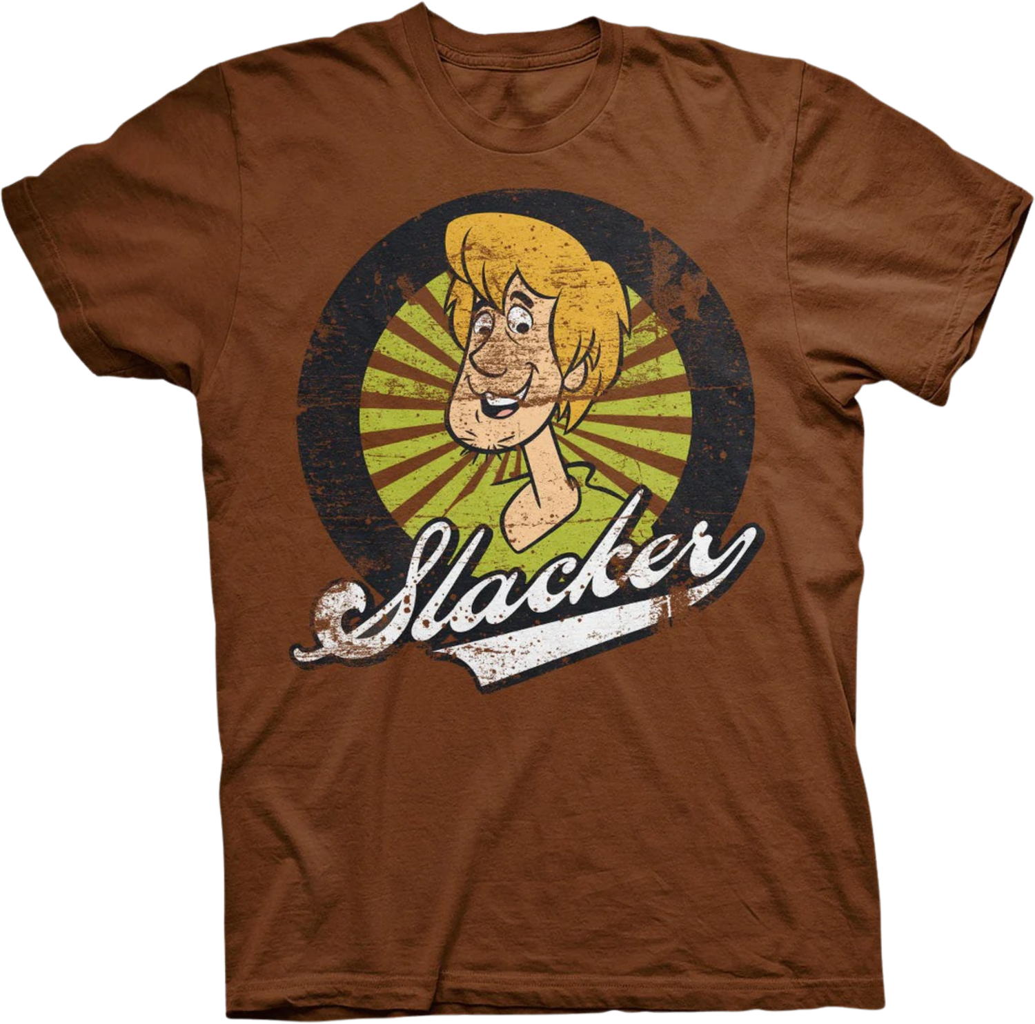 Unisex chocolate brown t-shirt with retro Shaggy Scooby-Doo graphic, sun stripes and Slacker text FUNKY MONKEY®