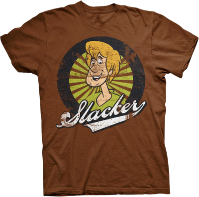 Unisex chocolate brown t-shirt with retro Shaggy Scooby-Doo graphic, sun stripes and Slacker text FUNKY MONKEY®