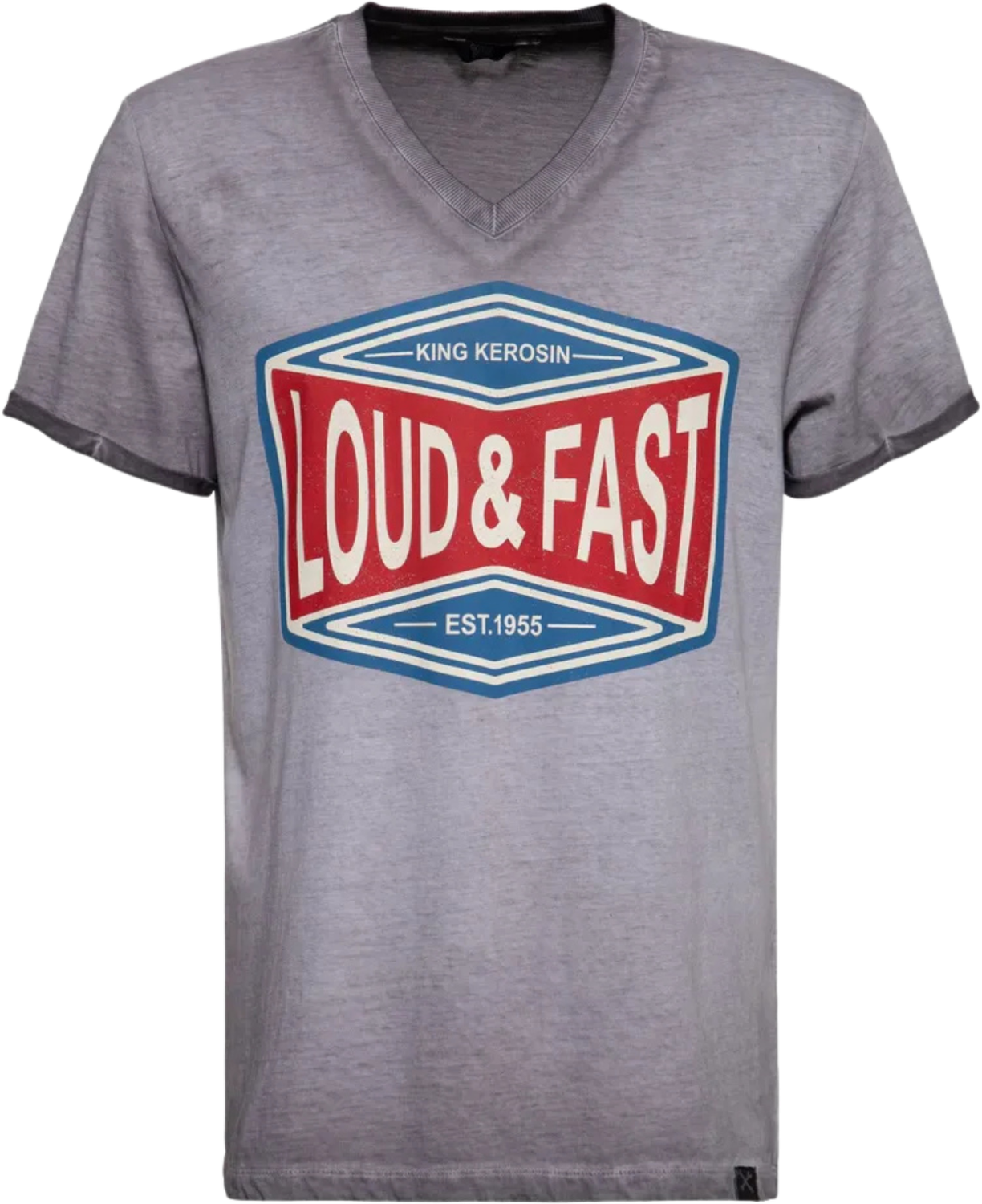 Gray unisex T-shirt with bold red and blue Loud &amp; Fast print on the front.