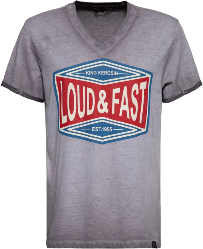 Gray unisex T-shirt with bold red and blue Loud &amp; Fast print on the front.