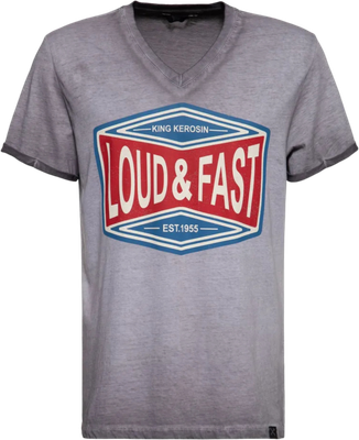 Gray unisex T-shirt with bold red and blue Loud &amp; Fast print on the front.