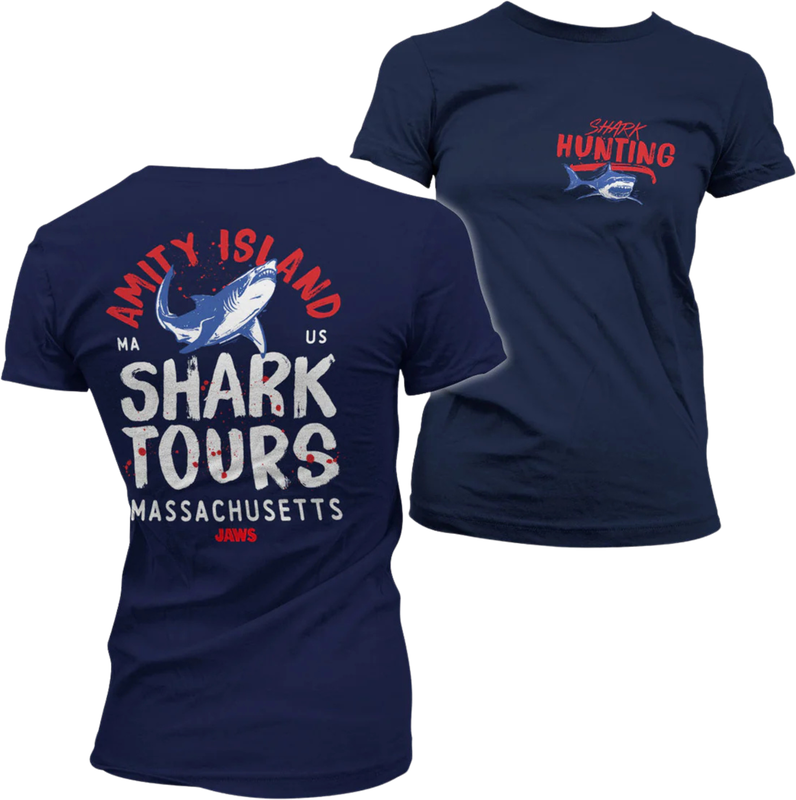 Navy women’s T-shirt with Shark Hunting print front and Amity Island Shark Tours back.