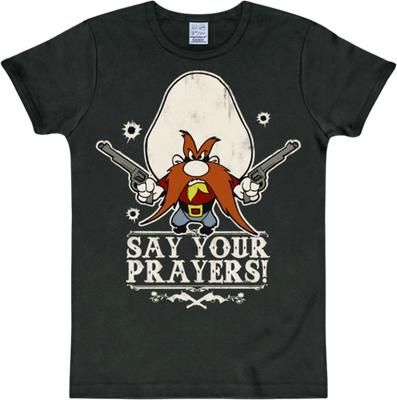Black T-shirt with cartoon cowboy Yosemite Sam holding guns and text &quot;Say Your Prayers!&quot;