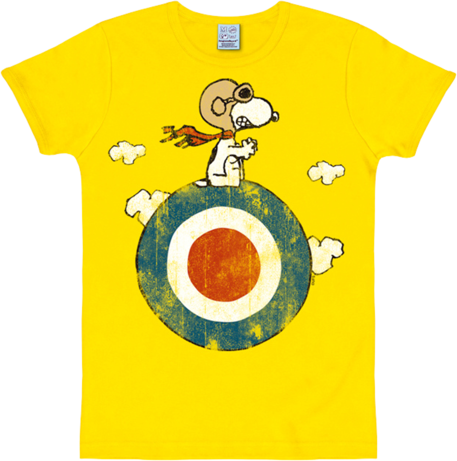 Yellow T-shirt with Snoopy flying ace graphic sitting on target roundel with clouds in vintage style.